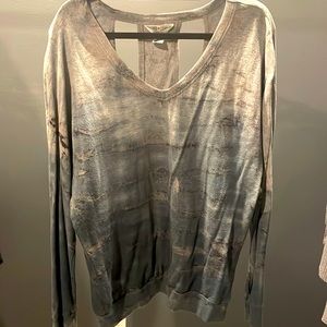 Hard Tails Forever V neck Sweater. Blue and Gray. Opening on back.